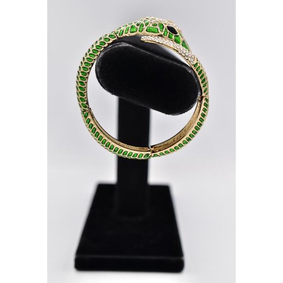 Vintage Green Enamel Snake Bracelet Rhinestone Eyes Hinged Gold Serpent 90s BinO - Picture 3 of 12